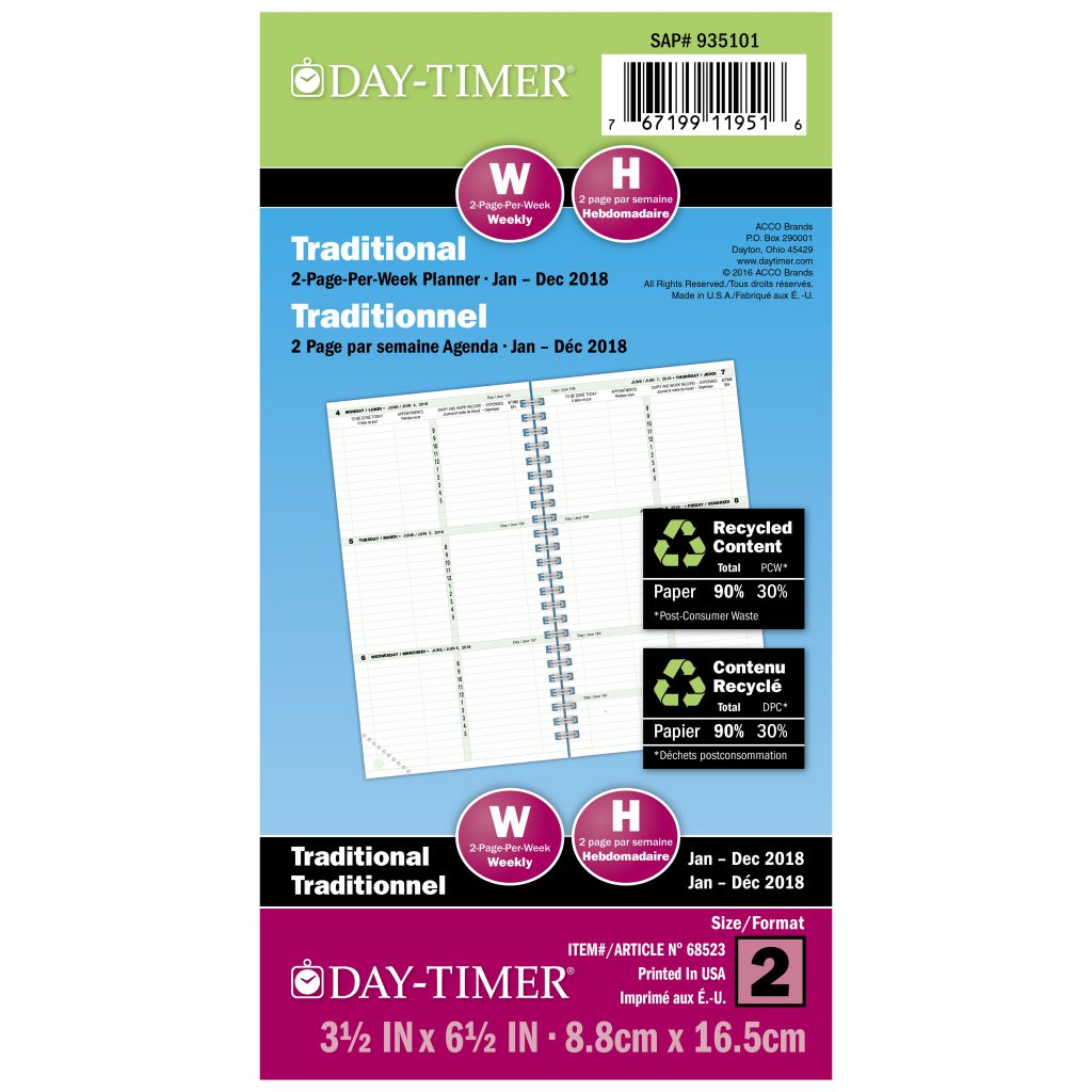 Day timer 2 page per week wire bound booklets dated refill recycled