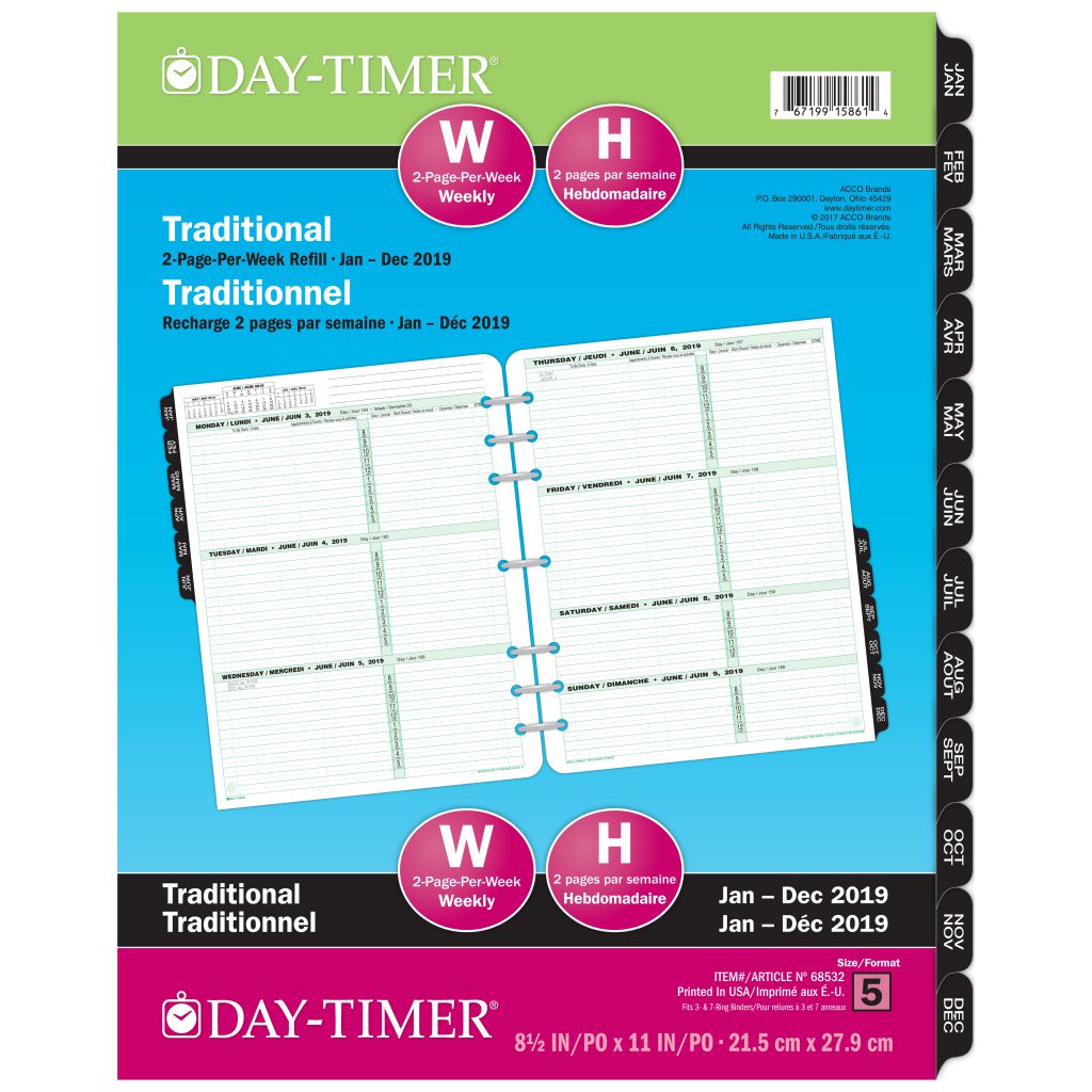 Day timer 2 page per week loose leaf dated refills recycled folio