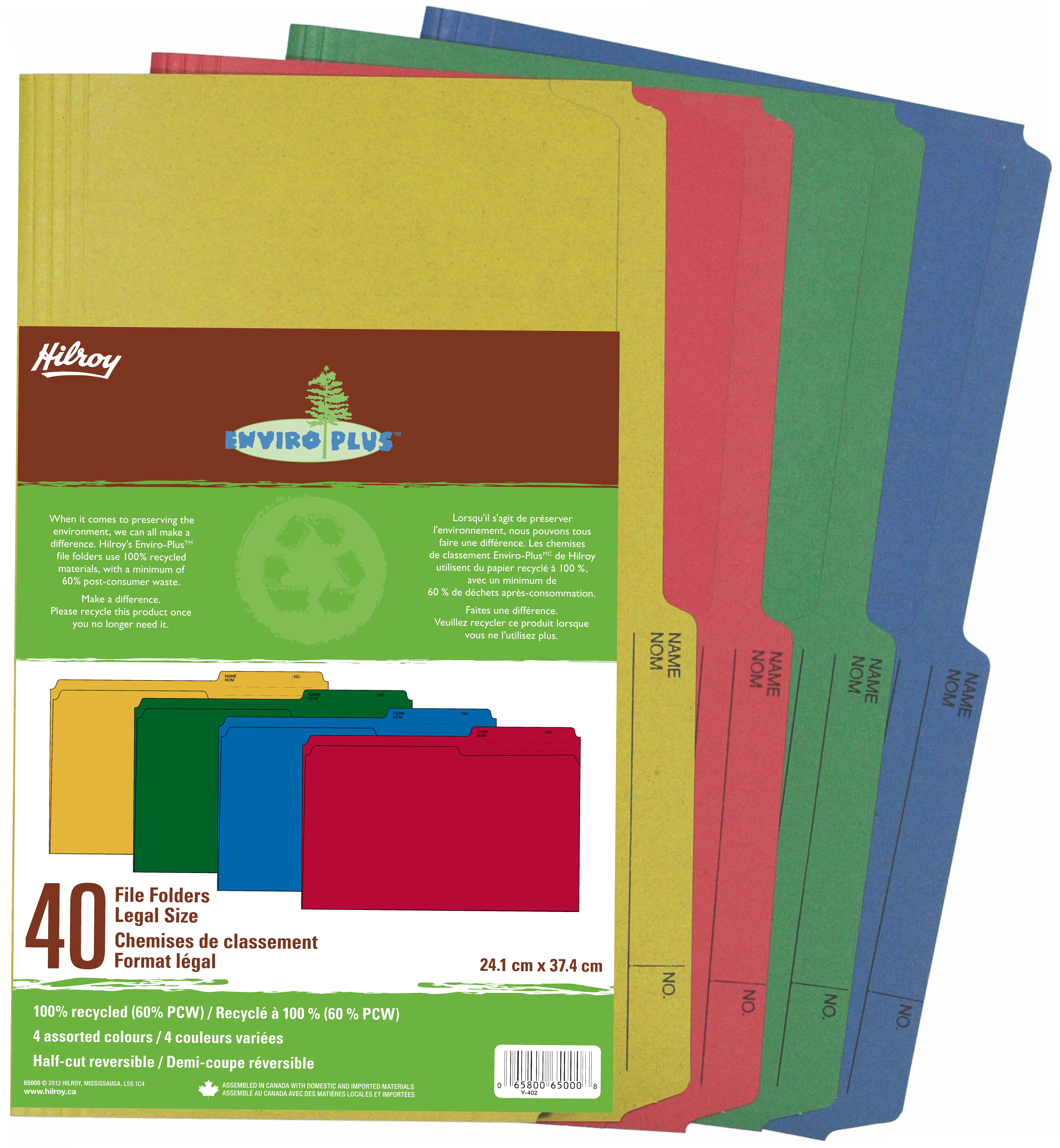 Assorted Colors Hilroy 65000 Enviro-Plus Colored Recycled File Folders Pack of 40 9x14-7/8-Inch 9.5 Point Legal Size