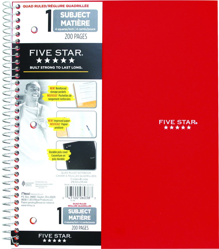 FIVE STAR WIREBOUND 1SUBJECT NOTEBOOK, 11"X 81/2"., 100 SHEETS ACCO